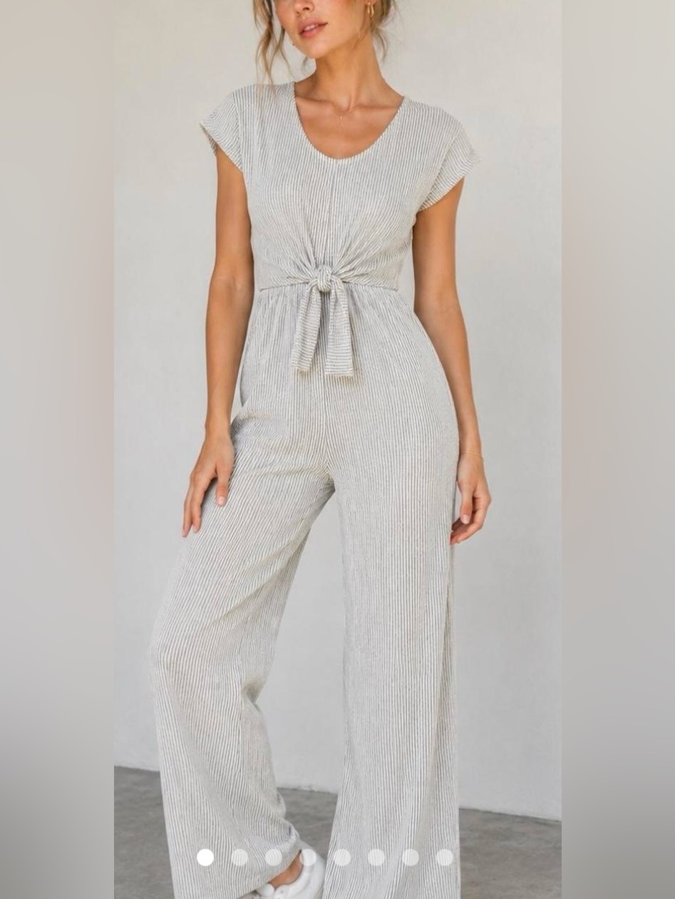 Tie-Waist Wide-Leg Jumpsuit In Light Gray